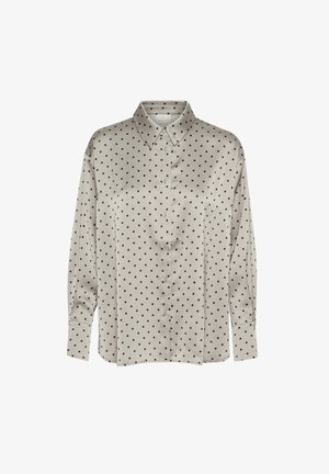 Hedvábná košile s dlouhým rukávem v světle šedé barvě s černými puntíky, s klasickým límcem a zapínáním na knoflíky na zápěstí. Hladká textura.