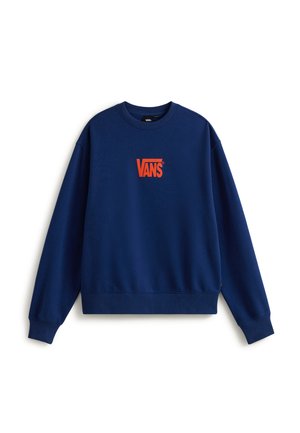 Granatowy sweatshirt wykonany z mieszanki bawełny, z długimi rękawami i okrągłym dekoltem. Na przodzie znajduje się pomarańczowe logo "VANS" umieszczone na środku klatki piersiowej.