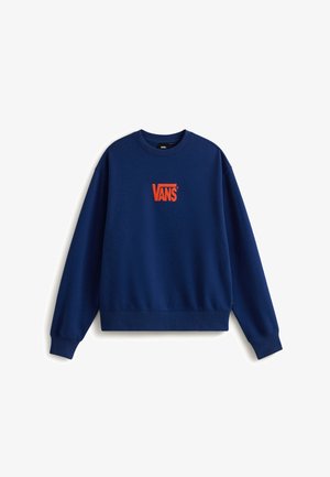 Granatowy sweatshirt wykonany z mieszanki bawełny, z długimi rękawami i okrągłym dekoltem. Na przodzie znajduje się pomarańczowe logo "VANS" umieszczone na środku klatki piersiowej.