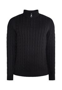 Maglione nero a maglia con un alto collo e una zip frontale a un quarto. Realizzato in un tessuto testurizzato con polsini e orlo a coste.