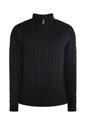 Fekete kötött pulóver magas gallérral és negyedcipzárral a felső részen. Strukturált anyagból készült, bordázott mandzsettákkal és alján.