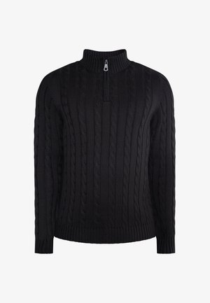 Schwarzer Kabelstrick-Pullover mit hohem Kragen und Viertelreißverschluss vorne. Hergestellt aus strukturiertem Stoff mit gerippten Bündchen und Saum.