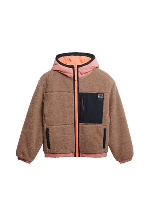 Brown fleece jacket with a pink hood, black front pocket, and contrasting zipper. The fabric appears soft with a textured finish.