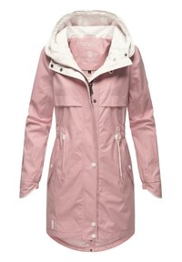Roze waterdichte jas met een witte capuchon, verstelbare trekkoorden in de taille, twee voorzakken en drukknoopsluitingen.