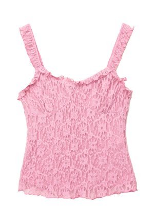 Lace top met dunne, gerimpelde bandjes in lichtroze. Heeft bloemenpatronen en een gestructureerde afwerking, met een aansluitende pasvorm en een golvende zoom.