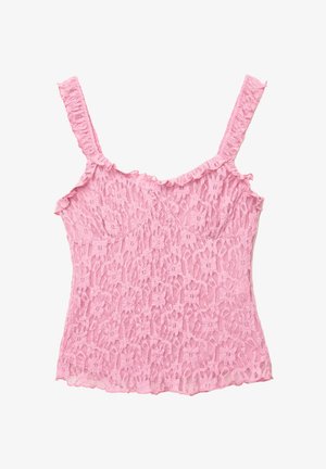 Lace top met dunne, gerimpelde bandjes in lichtroze. Heeft bloemenpatronen en een gestructureerde afwerking, met een aansluitende pasvorm en een golvende zoom.