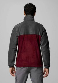 Giacca in fleece grigia e bordeaux, con colletto alto e design bicolore. Texture morbida con maniche lunghe e taglio dritto.