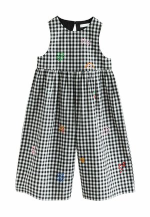 Kleid mit Vichykaro-Muster in Schwarz und Weiß, verziert mit mehrfarbigen Stickereien wie Herzen und Blumen. Ärmelloses Design mit einem Schlüssellochausschnitt am Rücken.