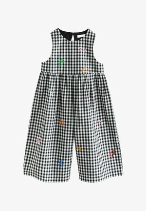 Kleid mit Vichykaro-Muster in Schwarz und Weiß, verziert mit mehrfarbigen Stickereien wie Herzen und Blumen. Ärmelloses Design mit einem Schlüssellochausschnitt am Rücken.