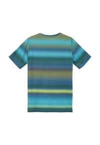 Korte mouw T-shirt met een verticale gestreepte print in tinten blauw, groen en geel. Zacht, gestructureerd materiaal met een ronde hals.