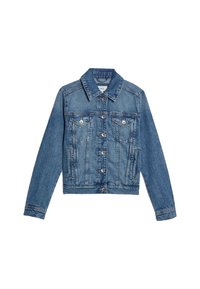 Světle modrá džínová bunda s knoflíkovým zapínáním vpředu, dvěma náprsními kapsami a bočními kapsami. Obsahuje klasický límec a dlouhé rukávy.