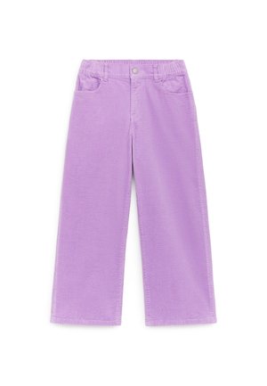 Lyseblå vidbenede bukser i ribfløjl med forlommer, bæltestropper, elastisk talje og knaplukning.