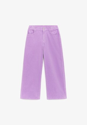 Fialovo-ružové široké kordové nohavice so zadnými vreckami, pútkami na opasok, elastickým pásom a zapínaním na gombík.