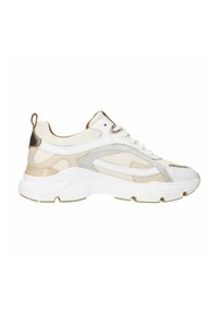 Chunky sneakers in wit en beige, met mesh- en leren overlays, textuuraccenten en een dikke witte rubberen zool met een lichte hak.