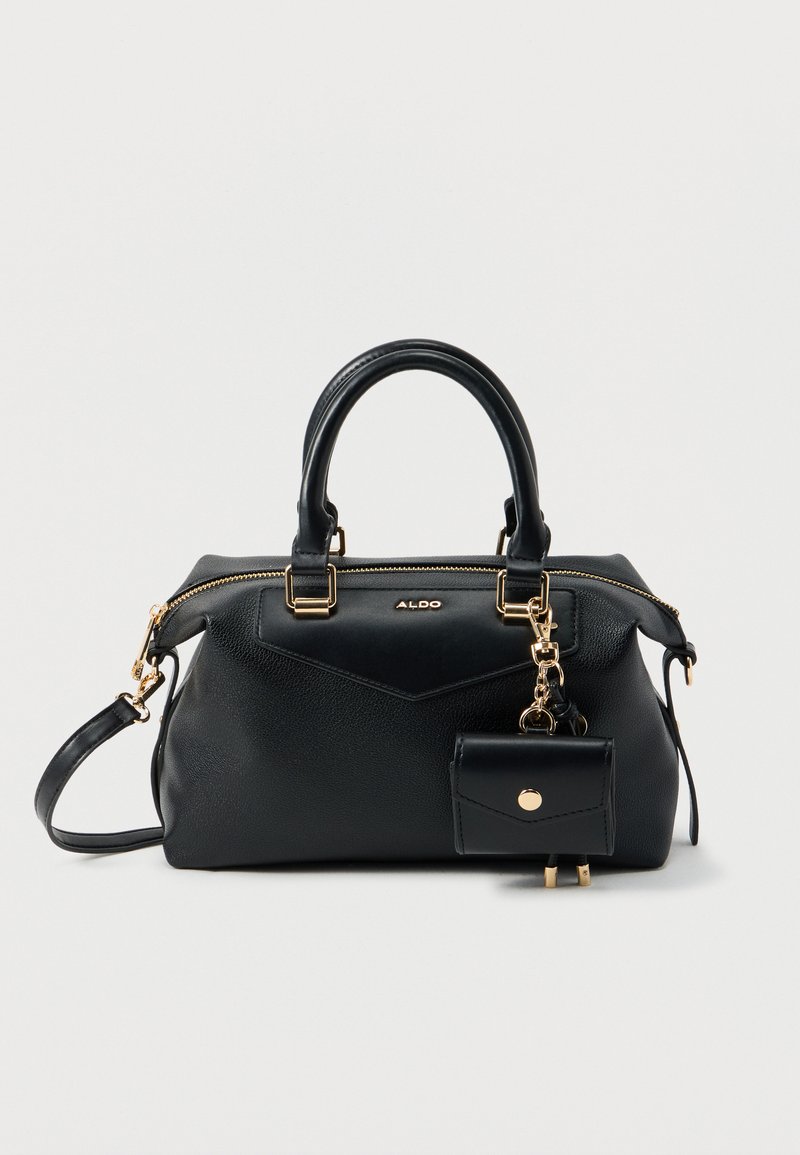 Juoda odinė rankinė su dviem rankenomis, auksiniu užtrauktuku, „ALDO“ logotipu ir mažu prisegtu krepšeliu su aukso spalvos spaustuku.