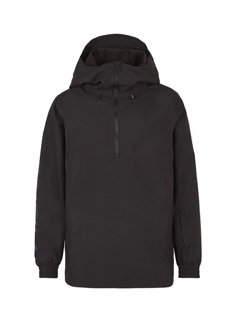 Chaqueta de pullover negra con cuello alto, media cremallera en el frente y capucha con cordón. Presenta puños elásticos y discretos bolsillos laterales.