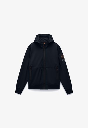 Fekete, cipzárral záródó kapucnis dzseki, két első zsebbel, elasztikus mandzsettákkal és texturált mintázattal. Narancssárga részlet a kapucnin.