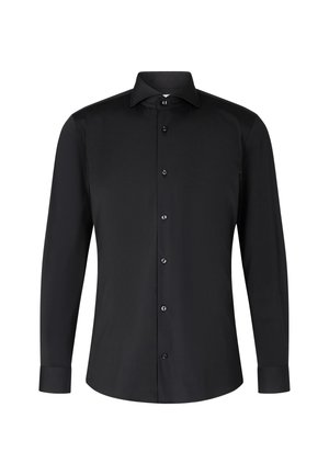Schwarzes Langarmshirt aus glattem Stoff. Verfügt über eine durchgehende Knopfleiste und Manschetten, mit sieben glänzenden schwarzen Knöpfen entlang der Blende.