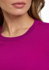 Fuchsia gebreide trui met een ronde halslijn, met een soepele textuur en ribgebreide randen. De stof lijkt zacht en nauwsluitend.