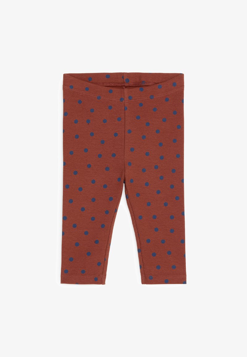 Leggings marron pour tout-petits avec des pois bleus, une taille élastique et une texture côtelée, posés à plat sur un fond blanc.