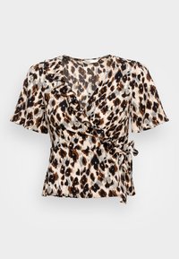Haut cache-cœur imprimé léopard avec un col à volants, des manches courtes et un détail noué à la taille. Le tissu présente une finition lisse et légèrement texturée.