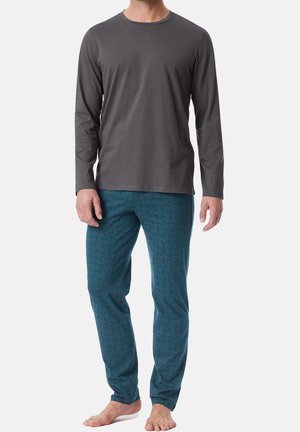 Long-sleeve gray cotton top paired with teal pants featuring a subtle pattern. Comfortable fit, suitable for loungewear or sleepwear.
