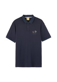 Polo bleu marine en coton avec un col contrasté. Présente un petit motif floral brodé et une patte de boutonnage à trois boutons.