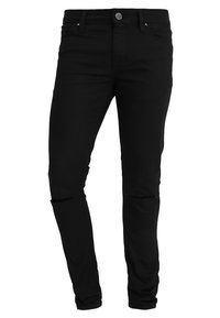 Svarta denim skinny jeans med slitna knäslitningar, klassisk femficksdesign och knapplås med dragkedja.