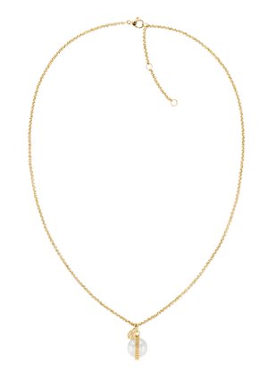 Gouden ketting met een ronde heldere hanger en een klein bedeltje. Heeft een gestructureerd schakelontwerp en een karabijnsluiting.
