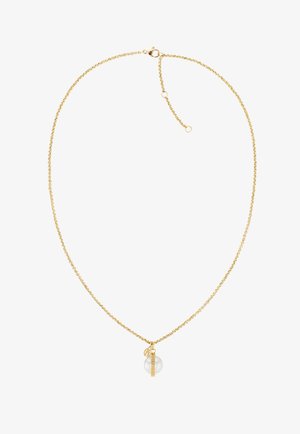 Gouden ketting met een ronde heldere hanger en een klein bedeltje. Heeft een gestructureerd schakelontwerp en een karabijnsluiting.