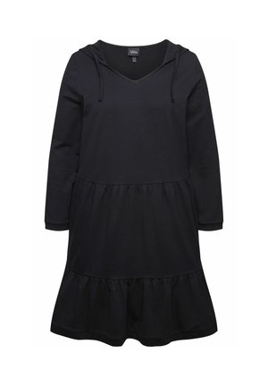 Abito felpa nero con scollatura a V, maniche lunghe e gonna a strati. Realizzato in tessuto morbido con una vestibilità comoda. Presenta coulisse nel cappuccio.