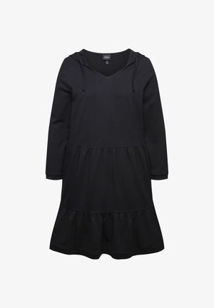 Abito felpa nero con scollatura a V, maniche lunghe e gonna a strati. Realizzato in tessuto morbido con una vestibilità comoda. Presenta coulisse nel cappuccio.