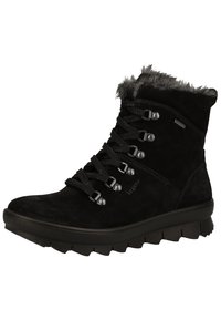 Botas de tobillo de ante negro con ribete de pelo sintético, parte frontal con cordones, ojales metálicos, suela gruesa texturizada y sutil marca en el lateral.