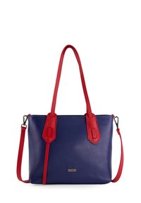 Leren handtas in blauw met rode accenten, gestructureerde vorm, dubbele handvatten, een verstelbare schouderband en een logo-embleem aan de voorkant.