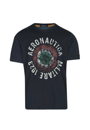 T-shirt blu navy a vestibilità regolare con un logo circolare in stile usurato nei colori rosso, bianco e verde che presenta la scritta "Aeronautica Militare 1923".