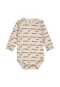 Body beige a manica lunga per neonati con stampa integrale di piccoli camion colorati. Materiale morbido con chiusure a scatto sulla spalla e nella parte inferiore.