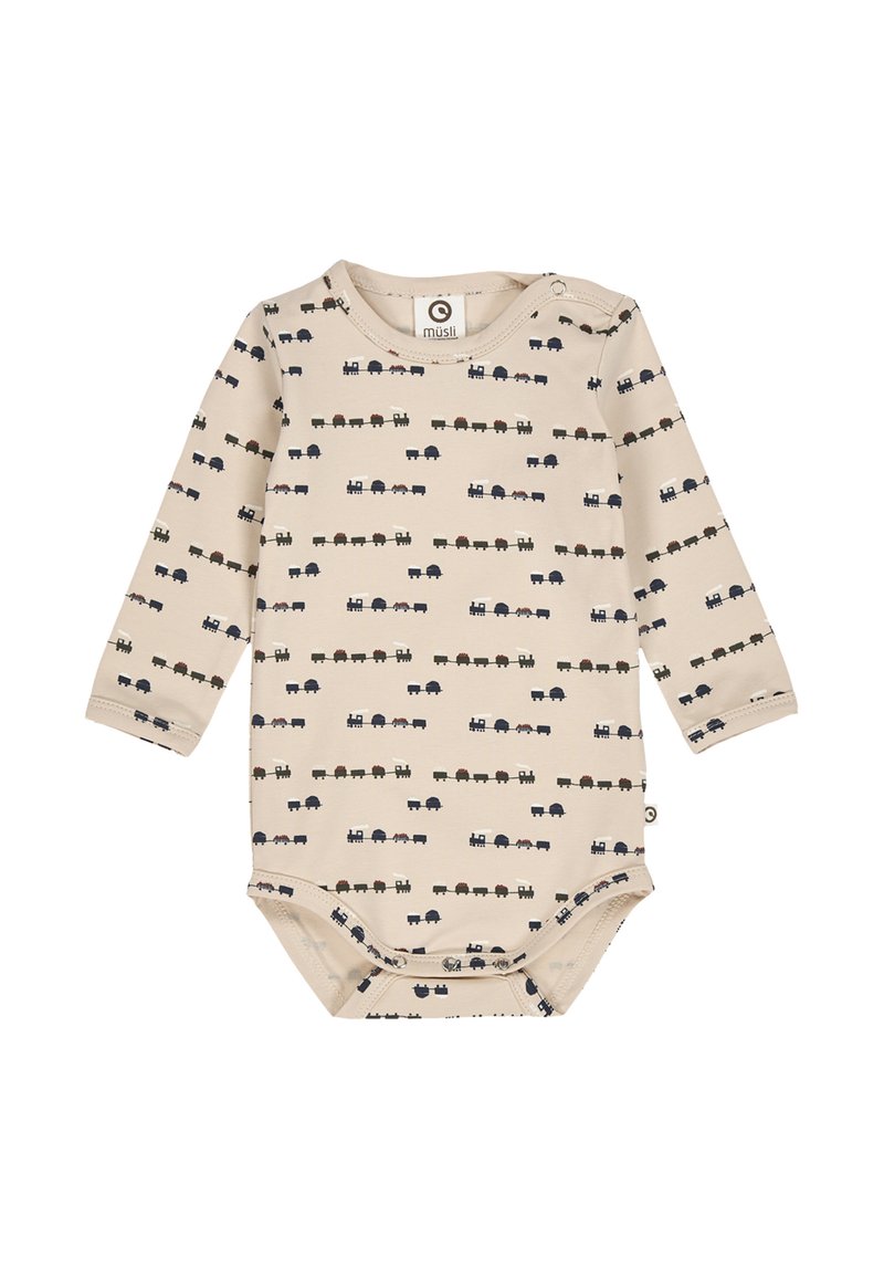 Body beige a manica lunga per neonati con stampa integrale di piccoli camion colorati. Materiale morbido con chiusure a scatto sulla spalla e nella parte inferiore.