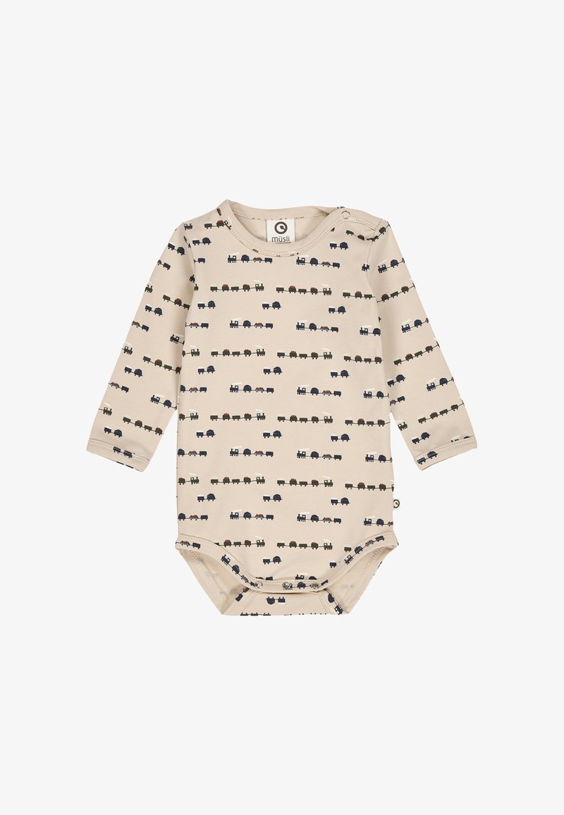 Body beige a manica lunga per neonati con stampa integrale di piccoli camion colorati. Materiale morbido con chiusure a scatto sulla spalla e nella parte inferiore.