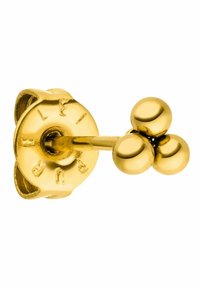 Goldene Steckerohrringe mit einer blumenförmigen Rückseite und drei kugelförmigen Akzenten. Glatte Oberfläche mit glänzendem Finish, aus Metall gefertigt.