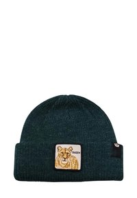 Grüne Strickmütze mit umgeschlagenem Bund, die ein quadratisches Patch mit einem Löwenkopf und dem Wort "QUEEN" darauf gestickt hat.