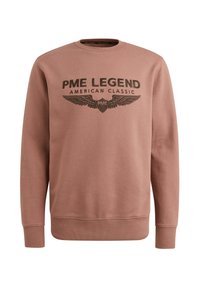 Pullover sweatshirt in stoffige rozenkleur, met een ronde hals, lange mouwen en een grafische print aan de voorkant met vleugels en tekst in donkere kleur.