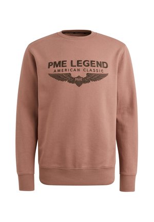 Sudadera de pullover en rosa empolvado, con cuello redondo, mangas largas y un diseño gráfico frontal con alas y texto en color oscuro.