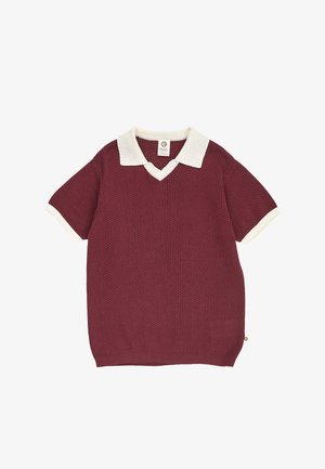 Short-sleeve knitted maroon shirt with white collar and sleeve cuffs, featuring a textured pattern and V-neck design.