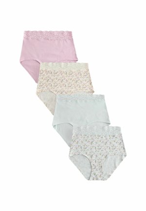 Vier hoch taillierte Damenunterhosen mit Spitzenbund in Pink, einfarbig Weiß und zwei mit Blumenmuster auf weißem Hintergrund.