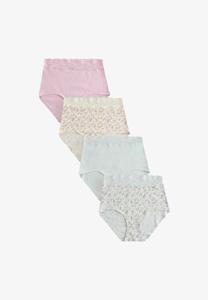 Vier hoch taillierte Damenunterhosen mit Spitzenbund in Pink, einfarbig Weiß und zwei mit Blumenmuster auf weißem Hintergrund.