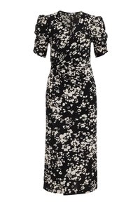 Černé šaty s květinovým vzorem, krátké puff rukávy, výstřih do V a detail se zavazováním na boku. Hladký materiál, délka ke kolenům.