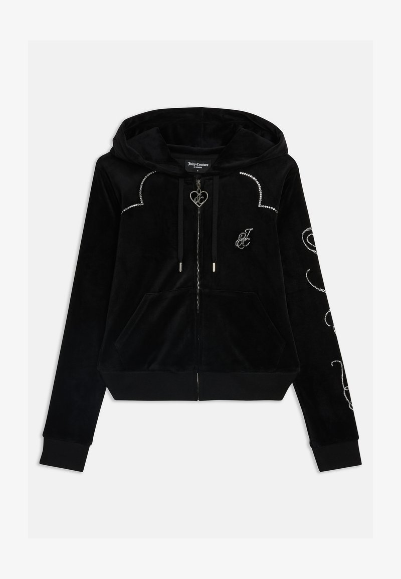 Črna žametna zip up kapuca z podloženim kapuco, sprednjimi žepi, okrašena z rhinestones in srčnim obeskom na zadrgi.