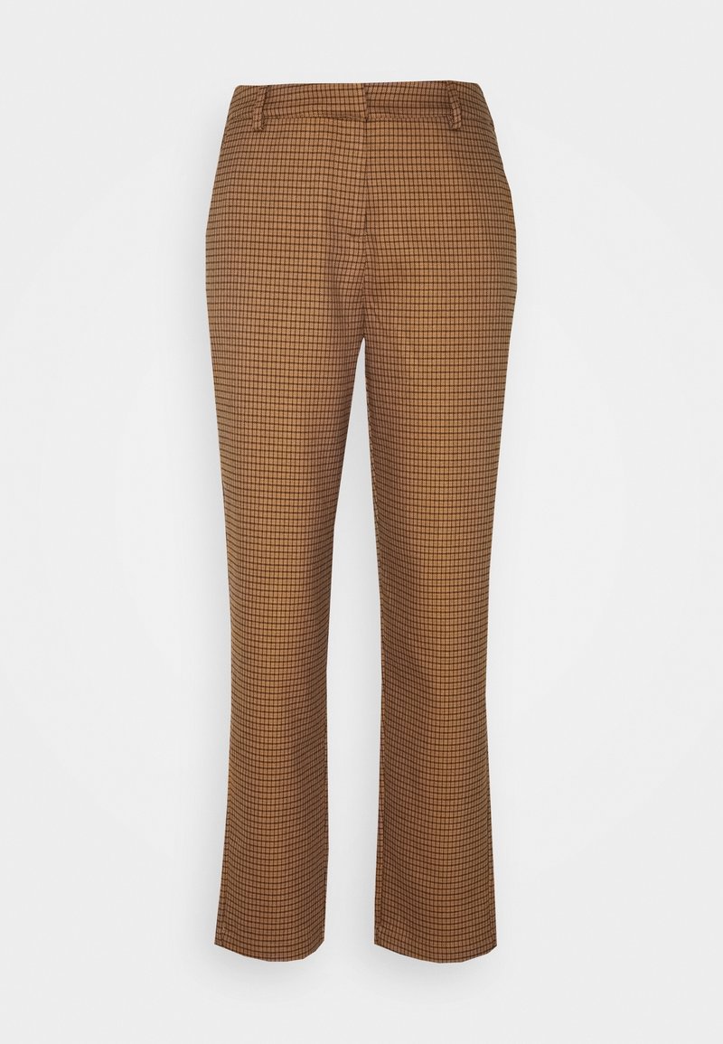 Pantalon droit marron à carreaux avec passants pour ceinture, vu de dos sur fond blanc.