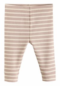 Leggings rayés en tissu doux, affichant des rayures alternées de beige clair et de mauve, avec une taille extensible et des poignets ajustés.