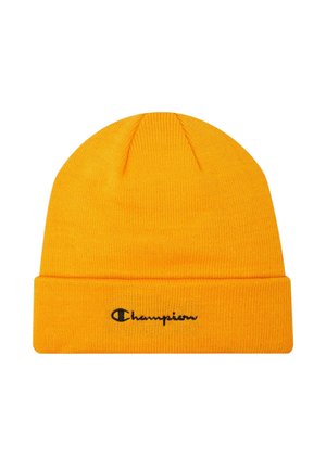 Berretto beanie lavorato a maglia di un arancione acceso con risvolto sulla tesa e logo Champion nero ricamato al centro davanti.